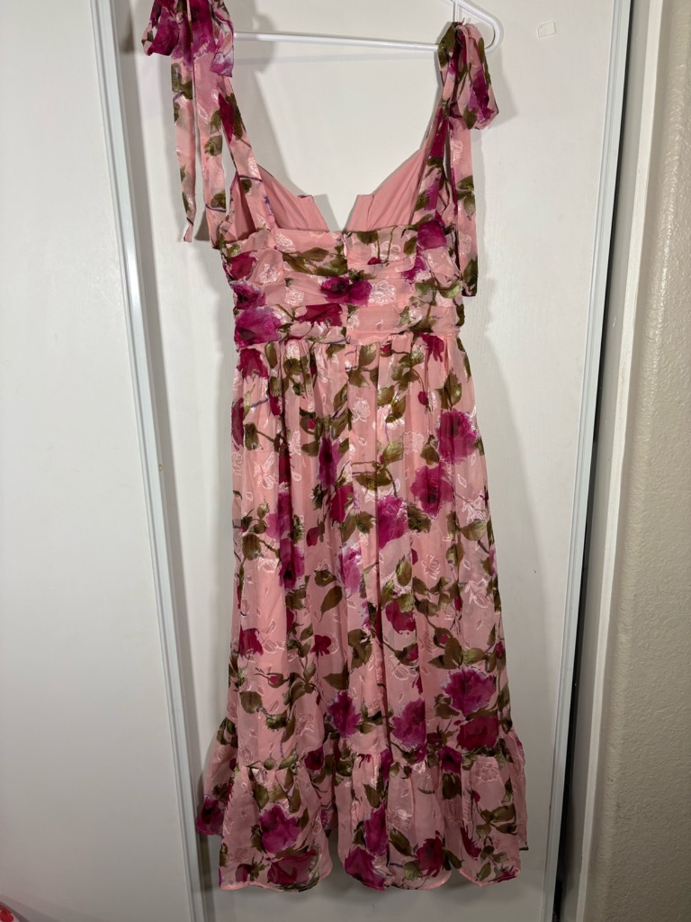 Lulus Lush Loveliness Pink Floral Jacquard Tie-Strap Midi‎ Dress Size S NWT - Picture 8 of 8